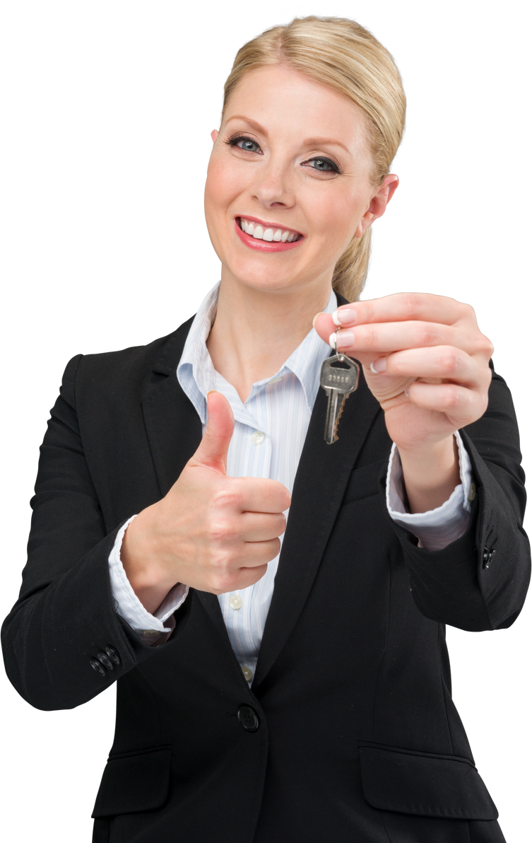 Friendly Caucasian woman with light blond hair in business formal outfit holding key - Isolated